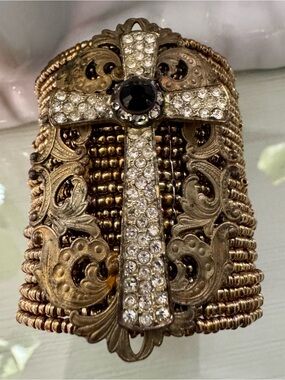 Embellished Beaded Cuff Bracelet with Rhinestone Cross